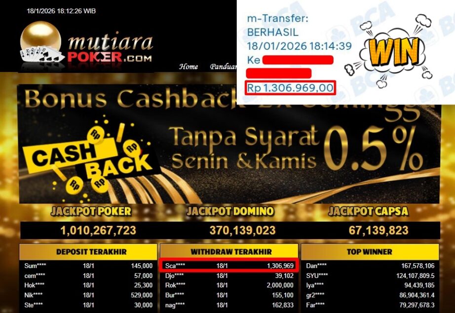 Bukti Withdraw ( 1,306,969,- ) Member Setia MutiaraPoker