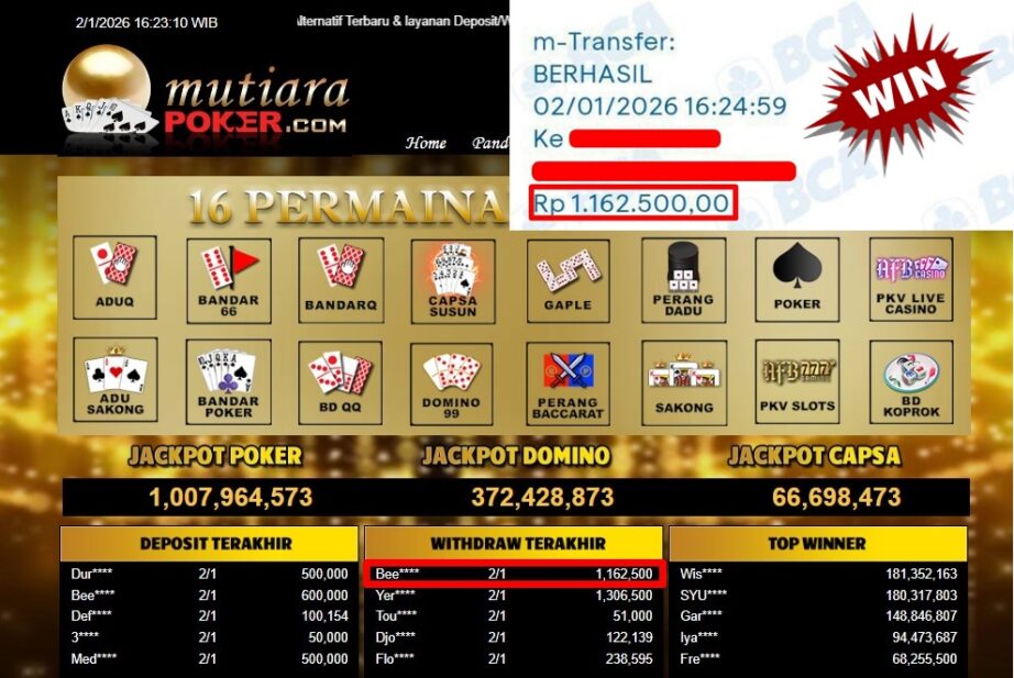 Bukti Withdraw ( 1,162,500,- ) Member Setia MutiaraPoker