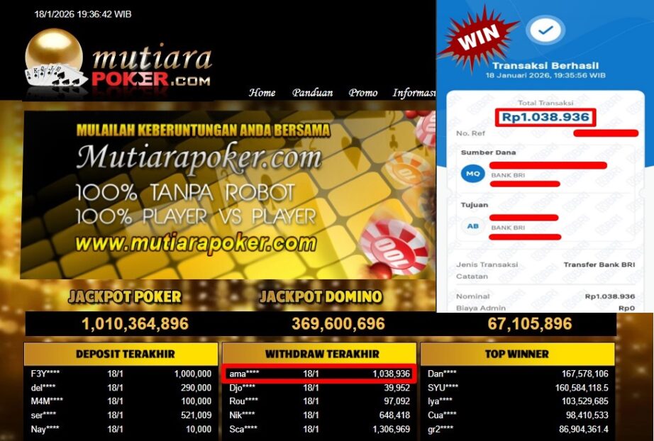 Bukti Withdraw ( 1,038,936,- ) Member Setia MutiaraPoker