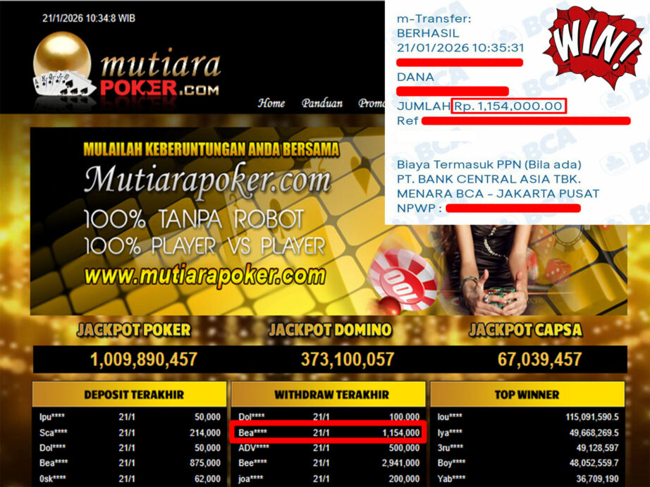 Bukti Withdraw ( 1,154,000,- ) Member Setia MutiaraPoker