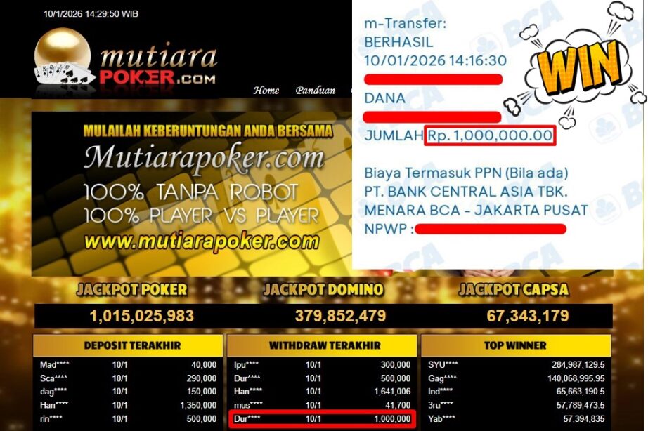 Bukti Withdraw ( 1,000,000,- ) Member Setia MutiaraPoker