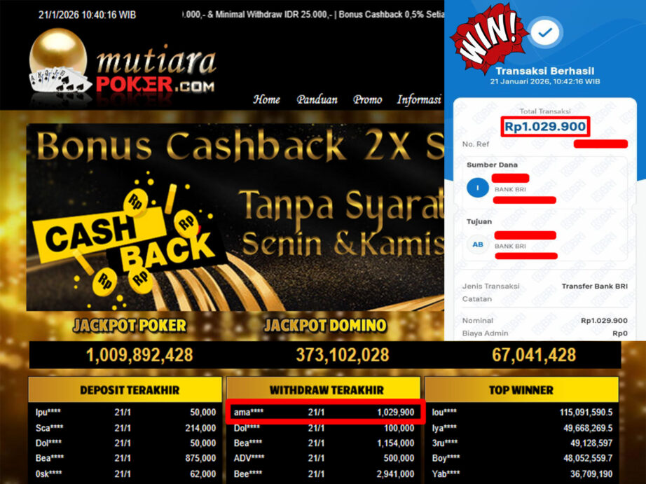 Bukti Withdraw ( 1,029,900- ) Member Setia MutiaraPoker