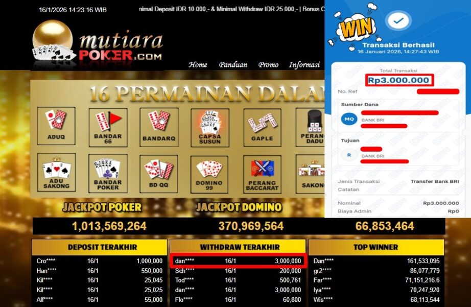 Bukti Withdraw ( 3,000,000,- ) Member Setia MutiaraPoker