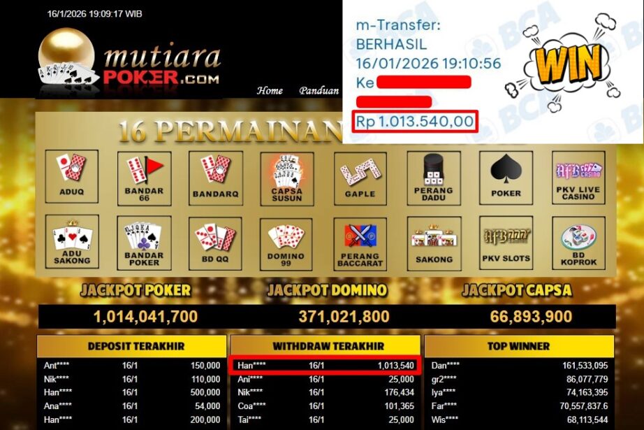 Bukti Withdraw ( 1,013,540,- ) Member Setia MutiaraPoker