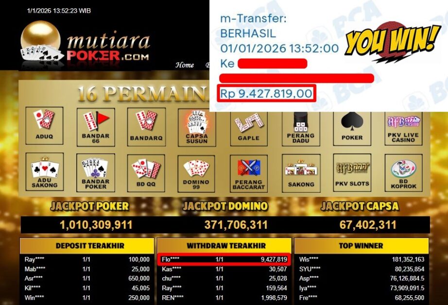 Bukti Withdraw ( 9,427,819,- ) Member Setia MutiaraPoker