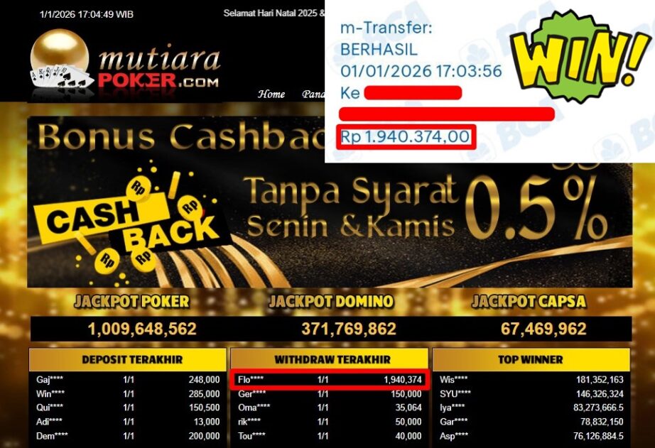 Bukti Withdraw ( 1,940,374,- ) Member Setia MutiaraPoker