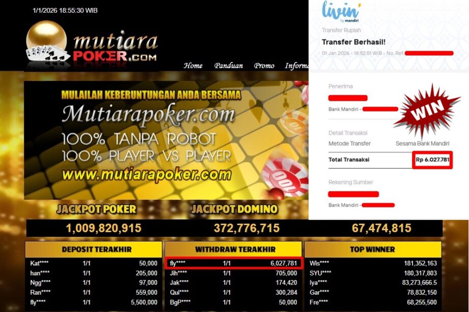 Bukti Withdraw ( 6,027,781,- ) Member Setia MutiaraPoker