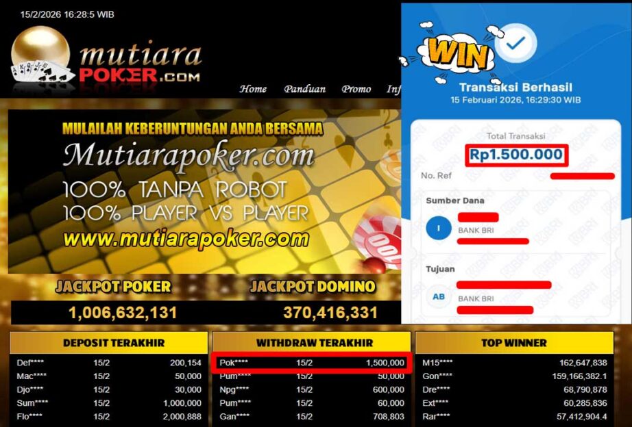 Bukti Withdraw ( 1,500,000,-) Member Setia Mutiarapoker