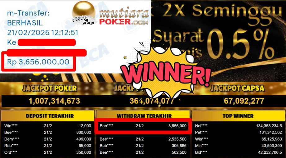 Bukti Withdraw ( 3.656.000,-) Member Setia Mutiarapoker