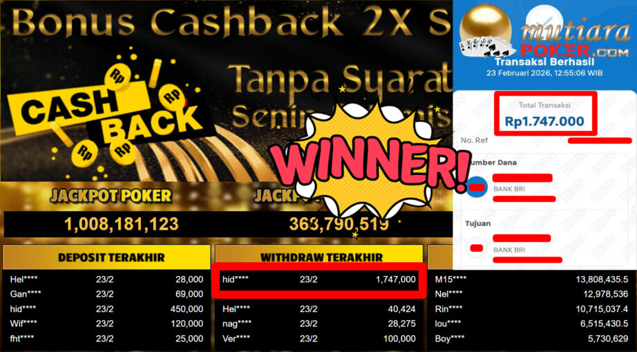 Bukti Withdraw ( 1.747.000,-) Member Setia Mutiarapoker