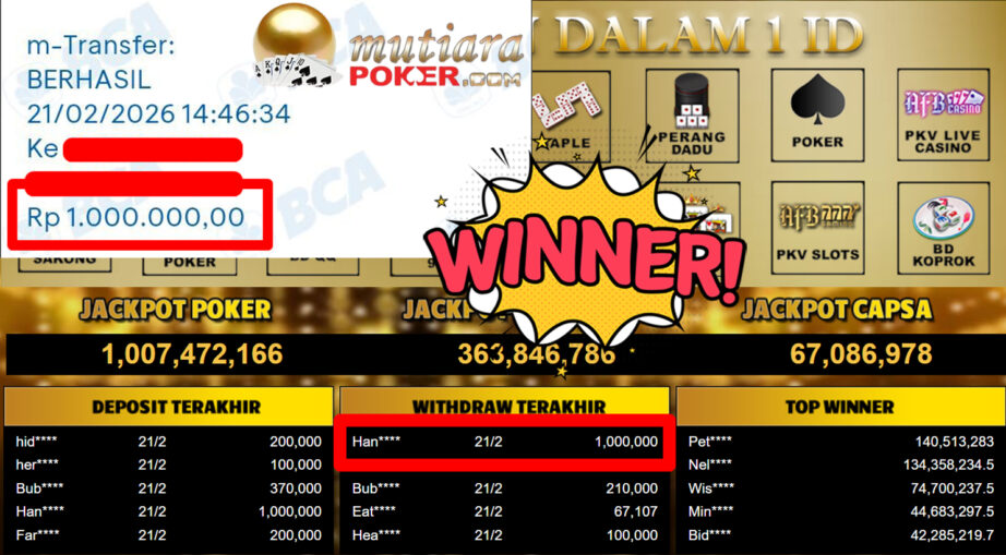 Bukti Withdraw ( 1.000.000,-) Member Setia Mutiarapoker