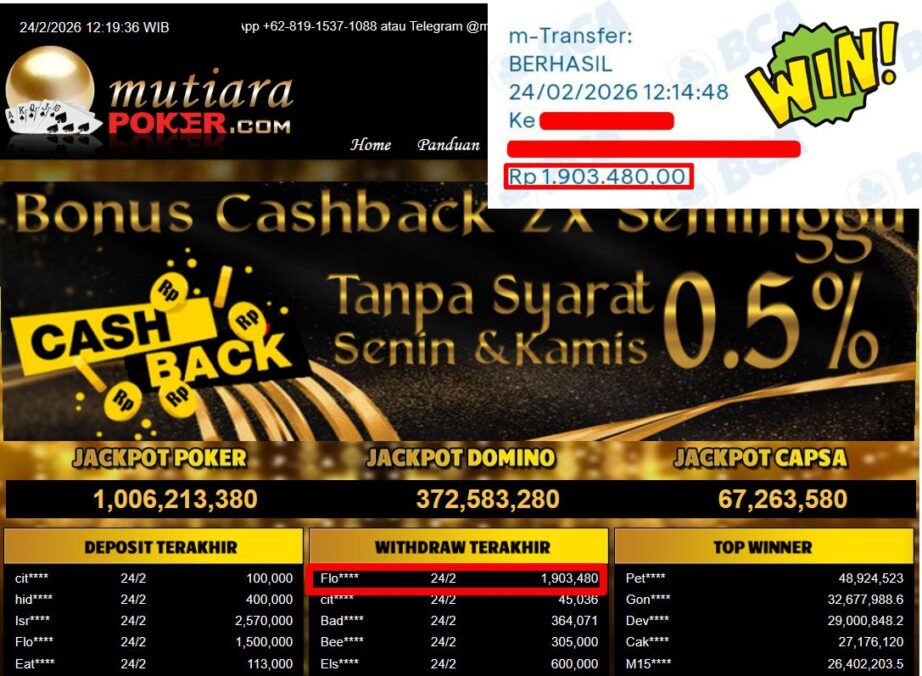 Bukti Withdraw ( 1.903.480,-) Member Setia Mutiarapoker