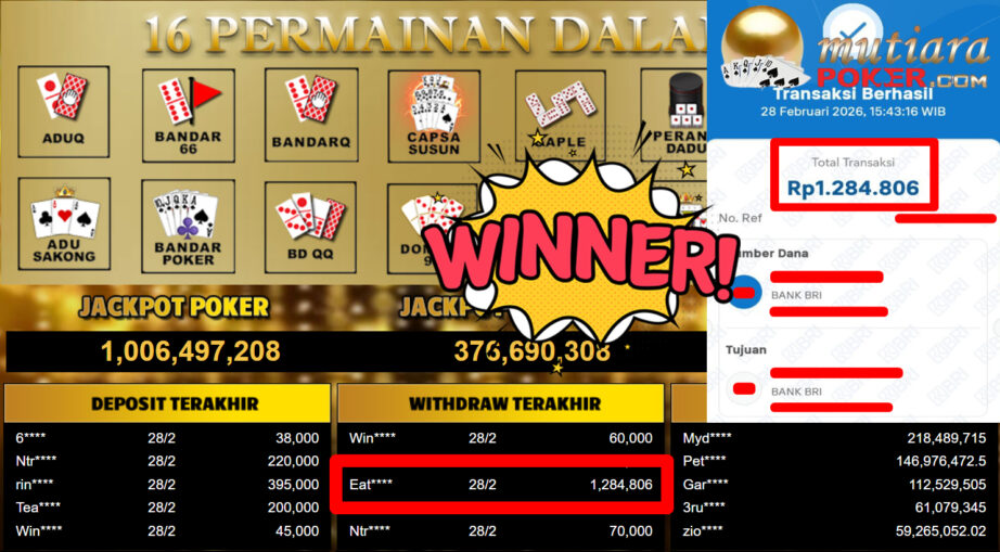 Bukti Withdraw ( 1.284.806,-) Member Setia Mutiarapoker