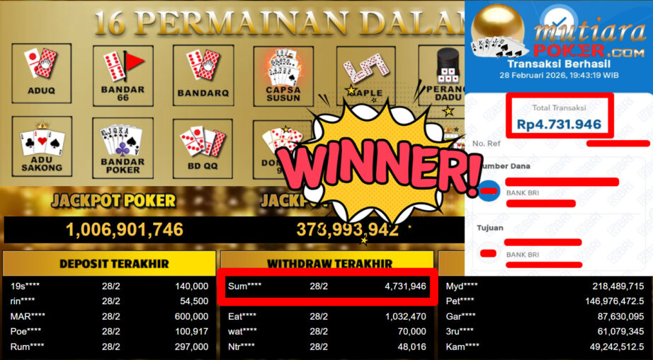 Bukti Withdraw ( 4.731.946,-) Member Setia MutiaraPoker