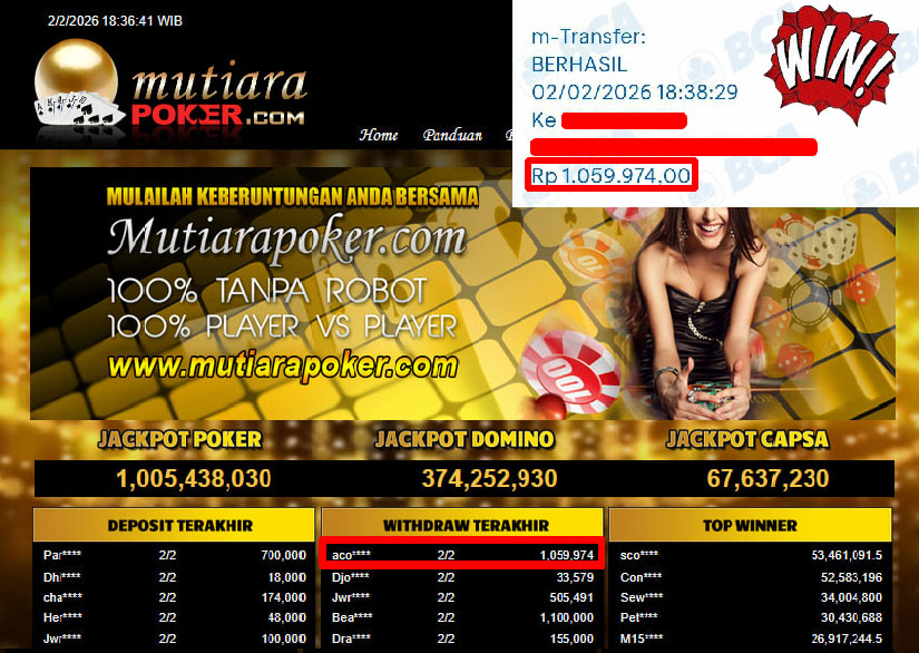 Bukti Withdraw ( 1,059,974,- ) Member Setia MutiaraPoker