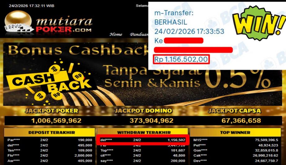 Bukti Withdraw (1,156,502,-) Member Setia Mutiarapoker