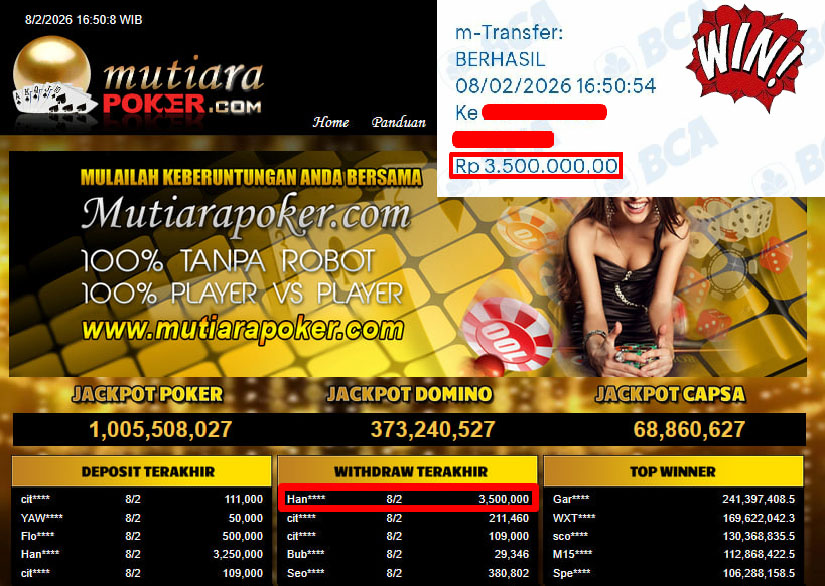 Bukti Withdraw ( 3,500,000,- ) Member Setia MutiaraPoker