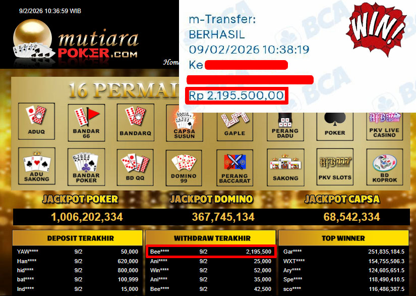 Bukti Withdraw ( 2,195,500,- ) Member Setia MutiaraPoker
