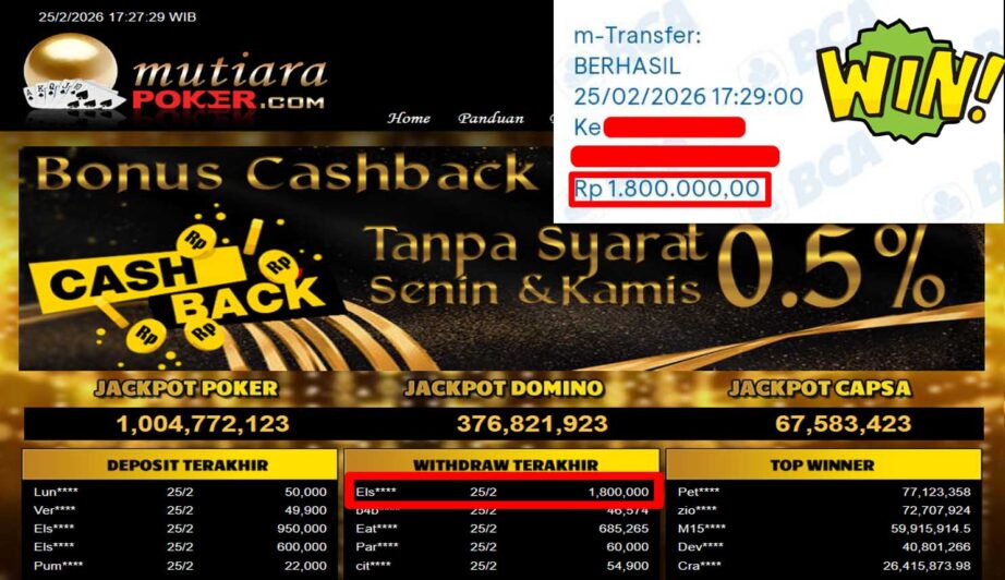 Bukti Withdraw ( 1,800,000,-) Member Setia Mutiarapoker