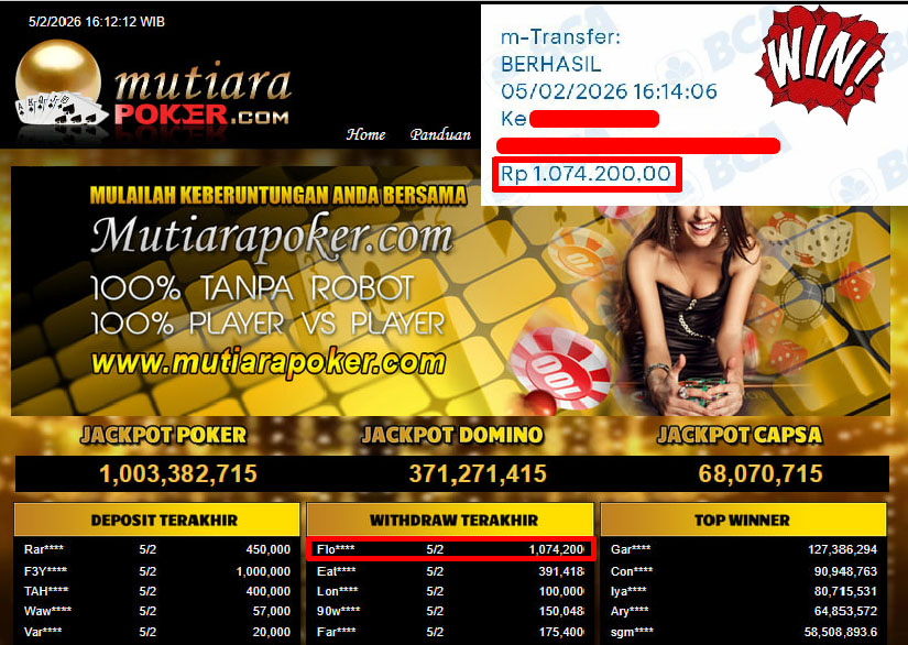 Bukti Withdraw (1,074,200,- ) Member Setia MutiaraPoker