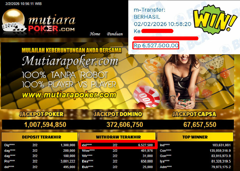 Bukti Withdraw ( 6,527,500,- ) Member Setia MutiaraPoker