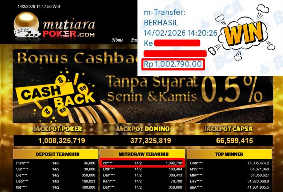 Bukti Withdraw ( 1,002,790,-) Member Setia Mutiarapoker
