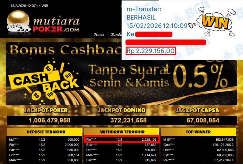 Bukti Withdraw ( 2,229,156,-) Member Setia Mutiarapoker