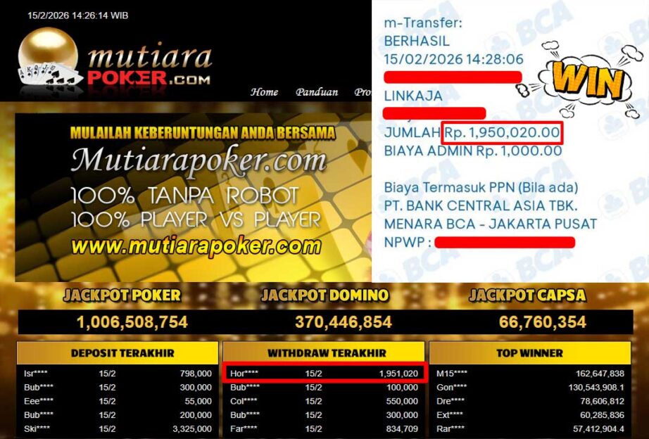 Bukti Withdraw ( 1,951,020,-) Member Setia Mutiarapoker