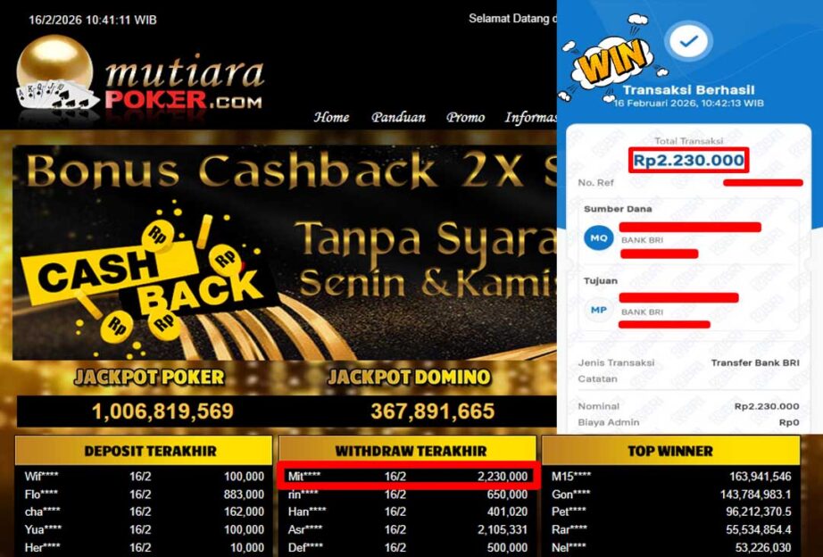 Bukti Withdraw ( 2,230,000,-) Member Setia Mutiarapoker