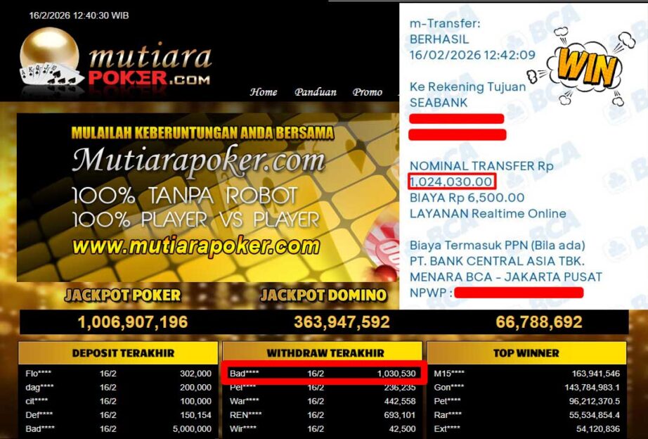 Bukti Withdraw ( 1,030,530,-) Member Setia Mutiarapoker