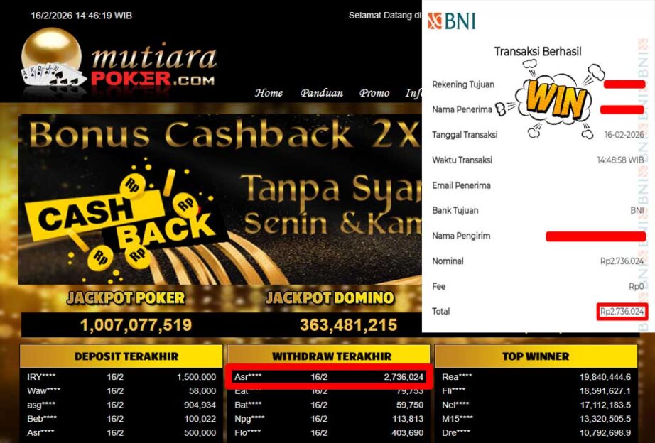 Bukti Withdraw ( 2,736,024,-) Member Setia Mutiarapoker