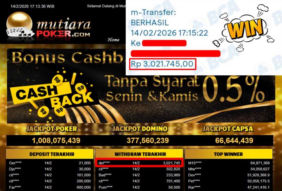 Bukti Withdraw ( 3,021,745,-) Member Setia Mutiarapoker