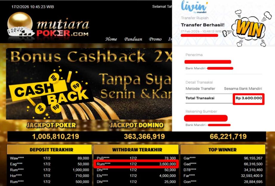 Bukti Withdraw ( 3,600,000,-) Member Setia Mutiarapoker