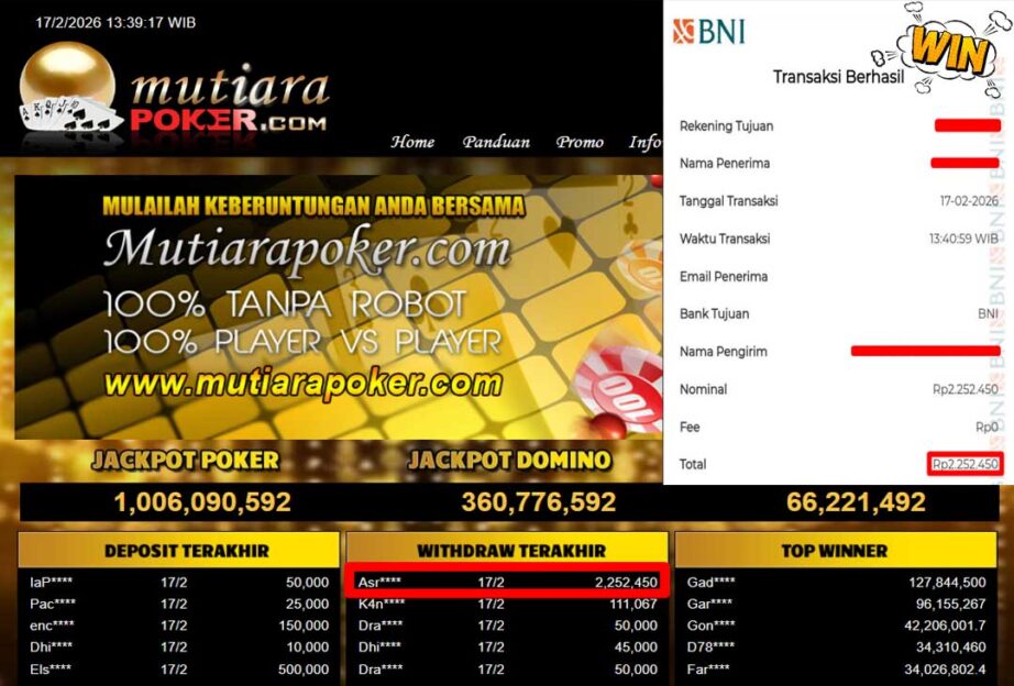 Bukti Withdraw ( 2,252,450,-) Member Setia Mutiarapoker