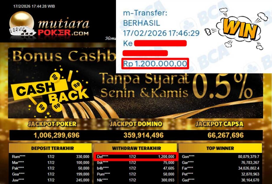 Bukti Withdraw ( 1,200,000-) Member Setia Mutiarapoker