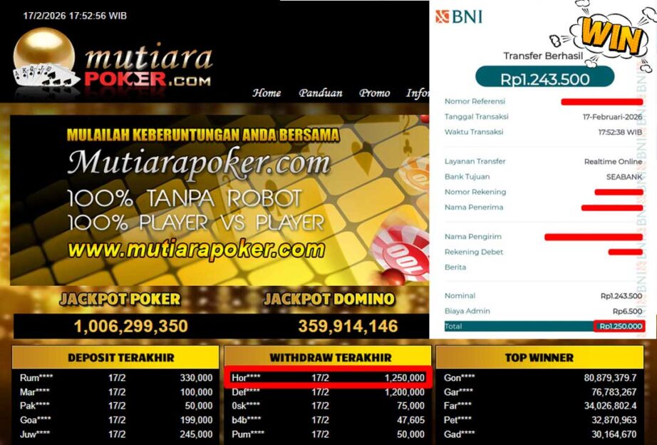 Bukti Withdraw ( 1,250,000,-) Member Setia Mutiarapoker