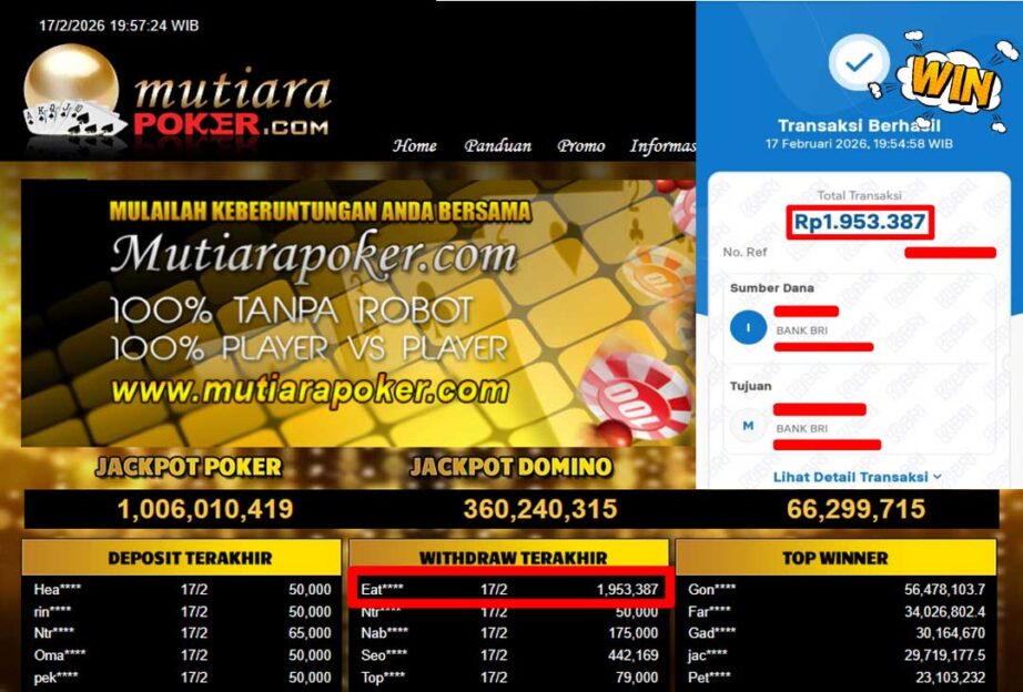 Bukti Withdraw ( 1,953,387,-) Member Setia Mutiarapoker