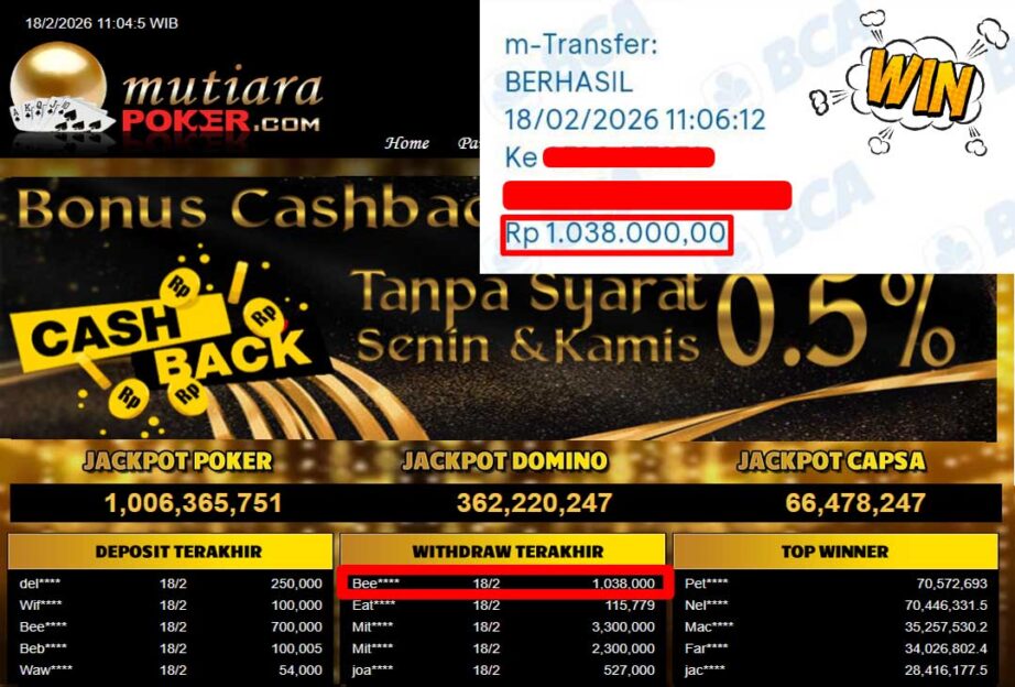 Bukti Withdraw ( 1,038,000,-) Member Setia Mutiarapoker