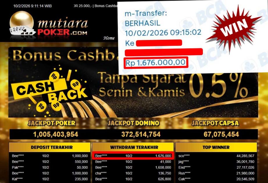 Bukti Withdraw ( 1,676,000,-) Member Setia Mutiarapoker