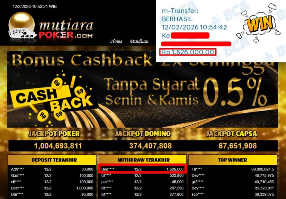 Bukti Withdraw ( 1,626,000,-) Member Setia Mutiarapoker