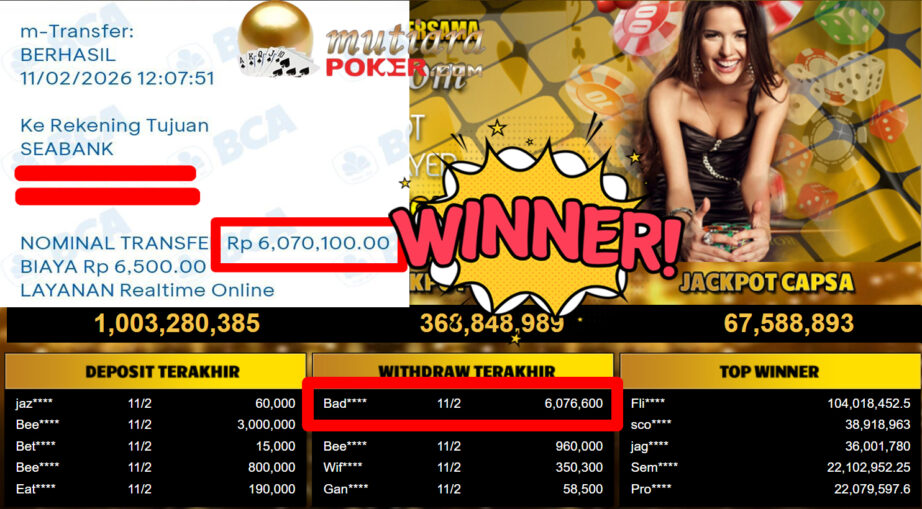 Bukti Withdraw ( 6.076.600,- ) Member Setia MutiaraPoker