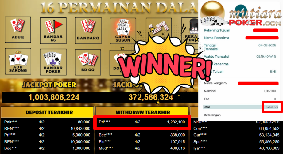 Bukti Withdraw ( 1.282.100,- ) Member Setia MutiaraPoker