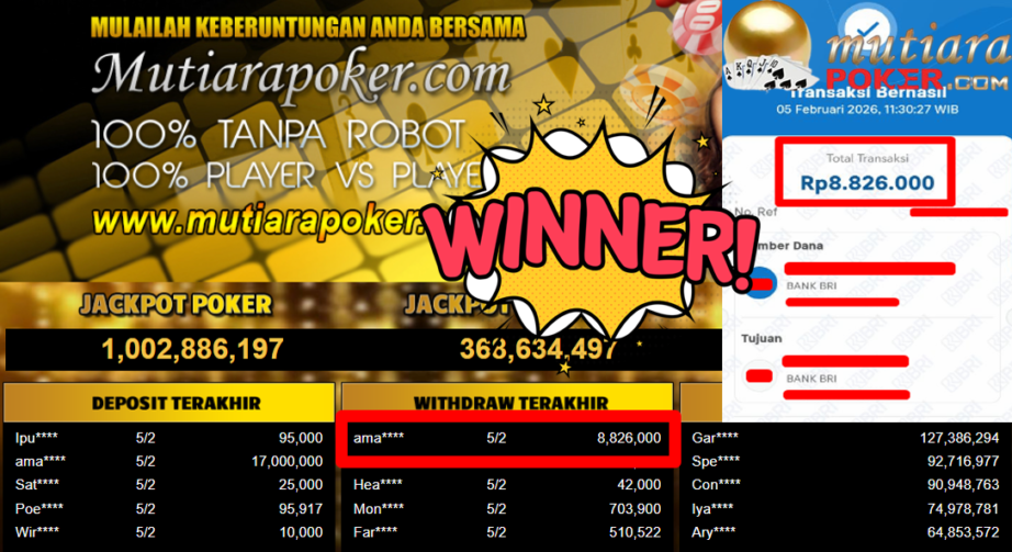 Bukti Withdraw ( 8.826.000,- ) Member Setia MutiaraPoker