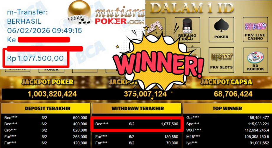 Bukti Withdraw ( 1.077.500,- ) Member Setia MutiaraPoker