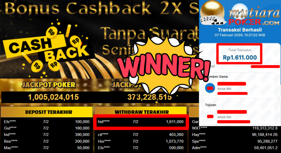 Bukti Withdraw ( 1.611.000,- ) Member Setia MutiaraPoker