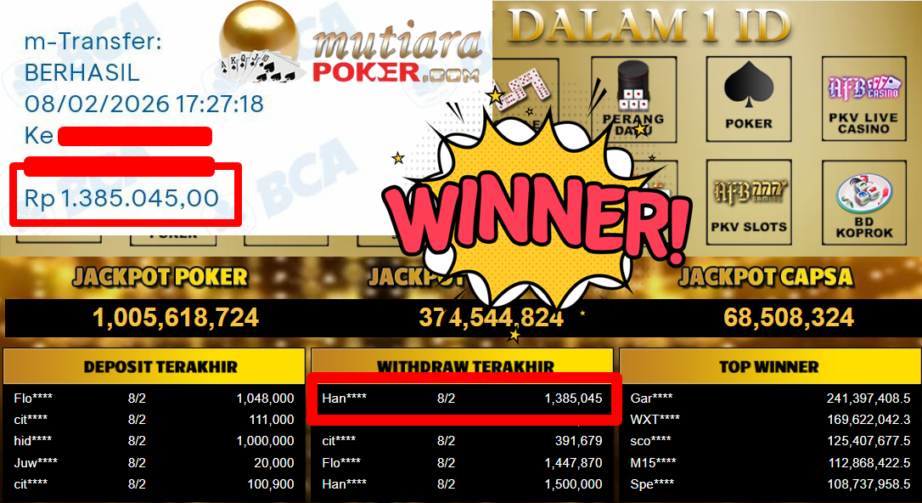 Bukti Withdraw ( 1.385.045,- ) Member Setia MutiaraPoker