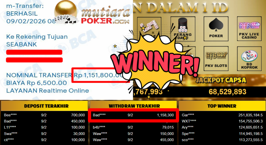 Bukti Withdraw ( 1.158.300,- ) Member Setia MutiaraPoker