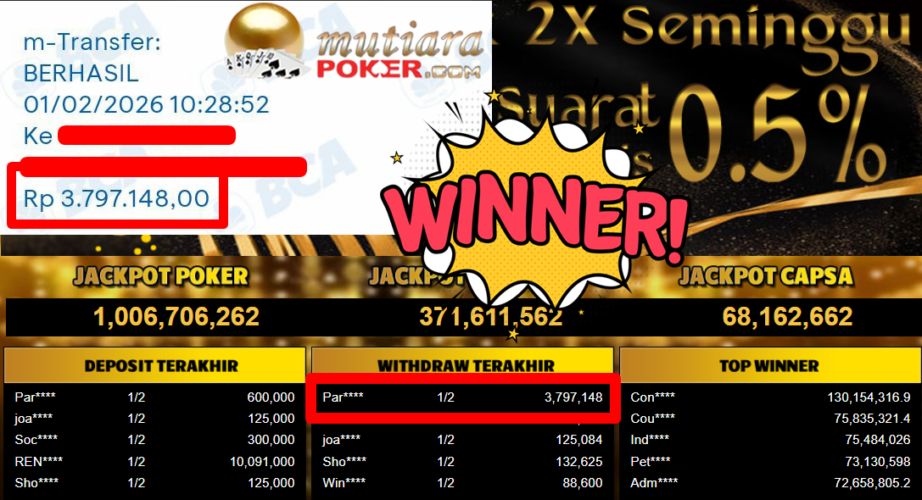 Bukti Withdraw ( 3.797.148,- ) Member Setia MutiaraPoker