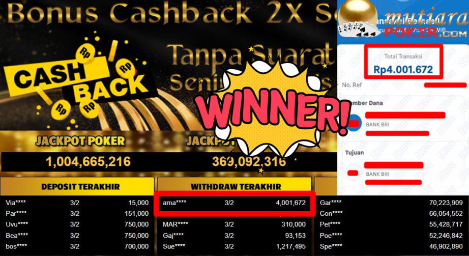 Bukti Withdraw ( 4.001.672,- ) Member Setia MutiaraPoker
