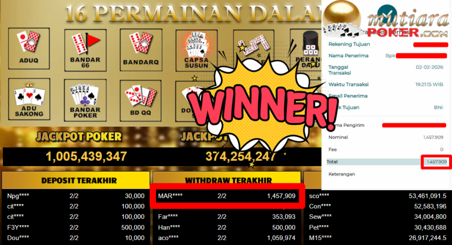 Bukti Withdraw ( 1.457.909,- ) Member Setia MutiaraPoker